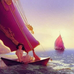 merryl streep sailing, plum, mountain background, fantasy, intricate, elegant, highly detailed, digital painting, artstation, concept art, smooth, sharp focus, illustration, art by gaston bussiere and alphonse mucha