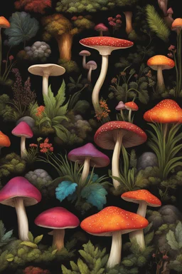 Explore a vibrant world of exotic flora and fauna, where towering mushrooms rise from a black liquid surface.