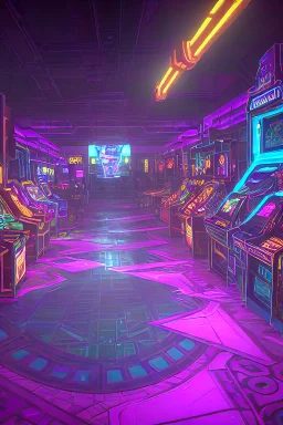 A dark photo of a full panoramic view an 80's aesthetics arcade at night, with a lot of functioning arcade machines, a vaporwave floor and some colorful tiles in between the floor. Purple aesthetics. Full panoramic view. The arcade has a ticket shop that sells plusies