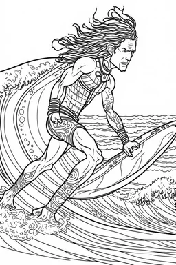 Outline art for coloring page OF A BUFF SURFER WITH LONG CURLY KINKY HAIR WITH HIS BACK TO US CANNOT SEE FACE WEARING SHORTS RIDING A WAVE IN HAWAII, coloring page, white background, Sketch style, only use outline, clean line art, white background, no shadows, no shading, no color, clear