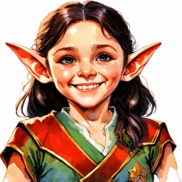 dnd, fantasy, watercolour, portrait, illustration, halfling, laborous, opportunistic, hearthy, sly, authoritative, smiling, wide face