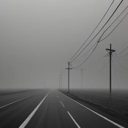 An empty road on a misty day. Telegraph poles and wires. Muted tones. Tilted horizon. With blotches, blurry areas and lens noise and grain. Hyper realistic Photo 4k