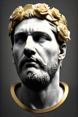 Ultra Realistic image, Roman sculpture bust, clean white marble material, Lionel Messi, gold thorns wreath and roses, renaissance ornaments, one gold star, blue sky background, cinematic lighting, god light, 4k resolution, smooth details, ornate details, soft lighting, unreal engine 5, art station, substance 3d, art concept.