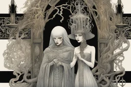 Creepy supernatural haunting beauty, by Kay Nielsen, by Carri Ann Baade, by Tim Burton, mysterious neo surrealism, dramatic Photoshop double exposure, award winning 70's gothic horror book cover, spectral ethereal ghostly elements, color ink illustration fountain pen broad strokes, pointillism, pentimento.