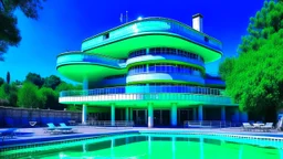 hypermodernist building with swimming pool