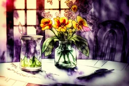 A table in a nice restaurant next to the window, meal, wine and flower on it, melting watercolor and black ink outlines on wet paper, soft, shading strokes, in sunshine, ethereal, otherwordly, cinematic postprocessing, bokeh, dof