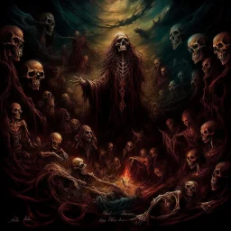 Text "THE POETIC EDDA", gathered to witness the ending of times - Brought to life by gods of deceit and lies, artsy death-metal album art, HD, surreal horror art, nightmarish, dynamic composition, dark color burn,