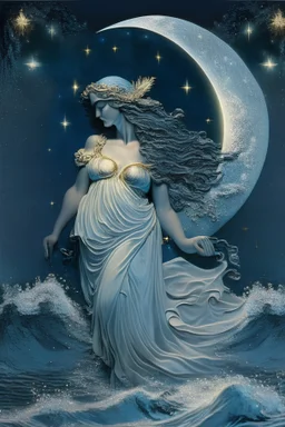 Diana goddess with moon stars greek style waves water