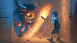 boy fends off the evil monster that came out of his closet with a magical fire axe