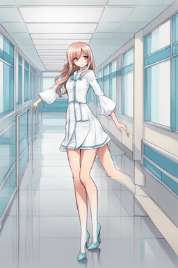 (full body:1.5)，(1girl:1.3),(view the viewer:1.4)，(anatomy correct:1.4),(Opaque pantyhose and pointed thick heels :1.3),(Dancing in the hospital:1.2),(Wearing a vanilla ice color sleeves mini dress :1.2),(Extra Long blonde Hair:1.2),(Accurate and perfect face:1.3),(Long legs and big feet:1.3),hyper HD, Ray traching, reflective light， structurally correct, Award-Awarded, high detail, lighten shade contrast, Face lighting ，cinematic lighting, masterpiece, super detailing, high quality, high detail