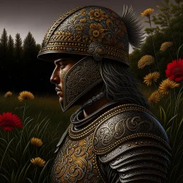 Warrior with helmet, midsummers eve, traditional, pagan, painted, digital painting, 24k, high resolution, highly detailed, ornate, meadow with flowers and trees, art by Manuel Sanjulian