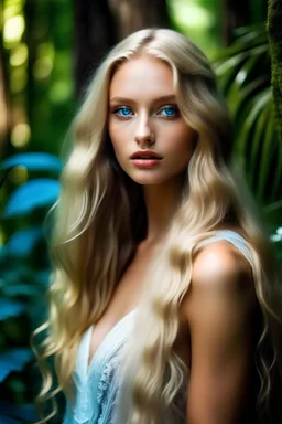 Royal and luxurious White Caucasian Blonde Young Woman with Blue Eyes, full lips, and long hair, unblemished and flawless. In a dense African Jungle.