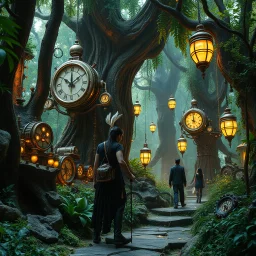 Scene from a modern fantasy live-action movie featuring the "Garden of Practicality", the Clockwork Forest Realm of Ix Chel, Cyberpunk style.