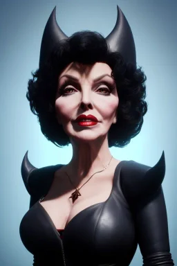 Joan Collins as evil queen in black leather, leather, busty, cleavage, angry, stern look. character design by cory loftis, fenghua zhong, ryohei hase, ismail inceoglu and ruan jia. unreal engine 5, artistic lighting, highly detailed, photorealistic, fantasy