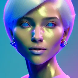 A portrait of a crystalised girl,smiling, laughting longs normal hairs white , atmospheric, realistic,, cinematic lighting, octane render,, pink turquoise light, white skin