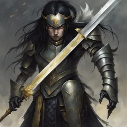 dnd character fantasy paladin knight, weathered plate armour, guilded effects, long black hair, gloomy expression on face, serious moody eyes, drawn full portrait in the style of Nobuyoshi Araki