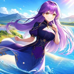 girl, masterpiece, best quality, volumetric lighting, detailed outfit, perfect eyes, long hair, purple hair, golden eyes, landscape, reflective water, shooting stars, fireflies, water, smile,