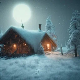 Mysterious christmas night, a lonely hut, surreal atmosphere, cosmic backdrop, celestial ambience, soft lighting, very chilly appearance of the surroundings, unreal engine 5 volumetric lighting, intricate details, realistic style, 8k resolution