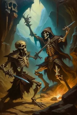 1970's dark fantasy cover dnd style oil painting of a hobo human wizard fighting a specter skeleton with minimalist far perspective.