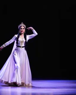 azeri female full bdy with traditional dance clothing in modern stage in a royal hall