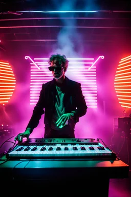 French cool synth player, he is called "Jean-Maurice Brûlée" performing at dance club, his name is "Jean-Maurice Brûlée" , white and orange Neon lights and smog, and "URANIUM" big sign on the wall, he is playing on synthesizers on stage with lot of laser beams and wearing black sunglasses, an earth is projected in background