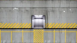 wall design for parking garage, concrete, yellow marking lines, hazard lines, weathering and water stains, elevator doors in middle.