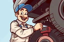 retro cartoon mascot of a vehicle mechanic, under a vehicle doing an oil change