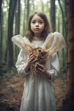 girl in the forest, Rare parasite creature..Holding a membranous cocoon of living creatures, macro photography,