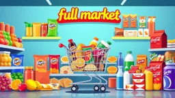 A design for a supermarket called (full market) filled with various fruit juices, chips, Fanta, Coca-Cola, and Sprite soft drinks, various chocolates, packaged cheeses, butter, and pasteurized milk, and a shopping cart filled with supermarket products in the center in happy, vibrant, and eye-catching colors.