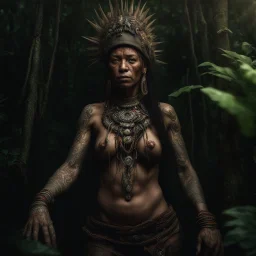 Behold the powerful alluring and pretty amazonic shaman woman, her body adorned with mystical tattoos, in the middle of amazonic jungle. intricate details, HDR, beautifully shot, hyperrealistic, sharp focus, 64 megapixels, perfect composition, high contrast, cinematic, atmospheric, moody