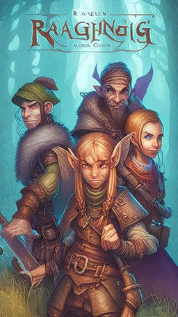 rpg book cover, a group of adventurers consisting of an elf, dwarf and human