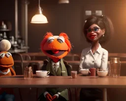 Cafe scene, muppet head with real body waitress woman, real photo, concept art, retro style, smooth, unreal engine 5, god lights, ray tracing, RTX, lumen lighting, ultra detail, volumetric lighting, 3d.