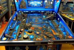 An indigo cybernetic pinball themed metropolis painted by Edward Hicks