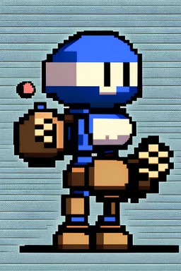 a bomberman from game, in pixelart, holding a bomb in one arm