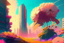 sunny day, flowers, epic, sci-fi, retrowave city