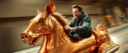 motion blur, close up, portrait of hippie Elon Musk riding an awesome spaceship in copper, fast one in the shape of a horse pig eel snake sphinx is half horse half pig, now its gonna do an awesome gig , bokeh like f/0.8, tilt-shift lens 8k, high detail, smooth render, down-light, unreal engine, prize winning