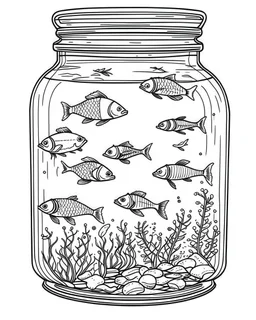 fish sea life in jar minimalistic, line art, background, vector, svg, coloring book page style, black outline on white background