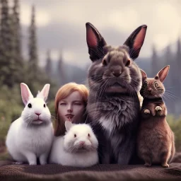 family portrait with 2 girls, 1 boy, 1 blond mother , 1 grey rabbit, 1 black and grey rabbit, one very old red-headed sleepy cat, winter mountain background,