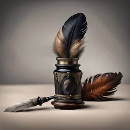 Hyper Realistic Vintage Feather Pen With Ink Pot