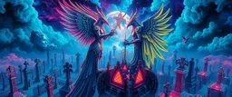 Mercedes Bird. Metallic Epic portrait of most holy paladin vs demi-lich in tower cemetery in the style of Giger and Escher in Transparent Psychedelic Fluorescent Colors looking like a Record Cover, multidimensional depth of field, airbrush pen outline, on top of tower, seen from the clouds
