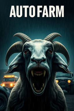 tilted head open grotesque morbid massive superherd group darky humor biologicaly detail horrory old macabre backlit underchin profile with rain, with heading fancy text of poster saying (autofarm) in movie poster movie release date 2025 form,a portrait hybrid mixed turned head body part sheep, giant eyes sheep alien style horror look. as five headed mouth open, rough teeth, turn head, landrover crash in background(&*&*^%$^#%$#%$^%$#^#$#^%#$^$#