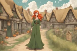 Full body shot of a tall slim pretty, red-headed young female witch, casting magical glowing symbols into the air, dressed in a long flowing green dress, standing in front of a row of cottages and shops with thatched roofs