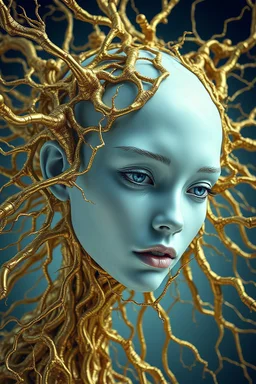 The image depicts a striking fusion of surrealism, biomorphism, and futuristic aesthetics. A female face with pale blue, almost porcelain-like skin emerges from an intricate golden web of organic structures.