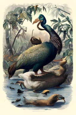 John James Audubon-like illustration of a fully uncropped Dodo bird and a Platypus in a landscape of warm yellows, warm reds, and warm blues