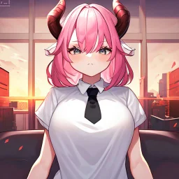 ROBLOX woman character pink hair with horns with white t-shirt and black tie