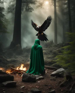 This photography depicts a mystical and magical atmosphere in the forest. A character in a green robe sits on rocky ground, facing a giant eagle that has brown and white feathers, and sharp eyes. There was a bonfire burning brightly between them, creating dramatic lighting and shadows around them. A small bird sits on the character's arm, adding a fantastical element to this image. The background is dark with hints of trees and leaves, creating an enigmatic atmosphere.