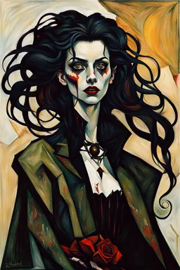 Painting of a Goth vampire girl, in the Expressionist style of Egon Schiele, Oskar Kokoschka, and Franz Marc, in muted natural colors