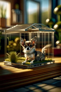 macro photo of Chihuahua in dog house on isometric model on beautiful luxury kitchen table, glass walls and tunnels in isometric perspective, photo-realistic, shot on Hasselblad h6d-400c, zeiss prime lens, bokeh like f/0.8, tilt-shift lens 8k, high detail, smooth render, down-light, unreal engine 5, cinema 4d, HDR