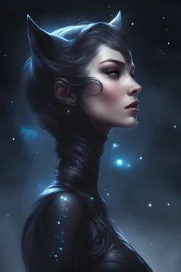 black style, mystical, transparent, ghost catwoman of the milky way, Trending on Artstation, {creative commons}, fanart, AIart, {Woolitize}, by Charlie Bowater, Illustration, Color Grading, Filmic, Nikon D750, Brenizer Method, Side-View, Perspective, Depth of Field, Field of View, F/2.8, Lens Flare, Tonal Colors, 8K, Full-HD, ProPhoto RGB, Perfectionism, Rim Lighting, Natural Lighting, Soft Lighting, Accent Lighting, Diffraction Grading, With Imperfections, insanely detailed and intricate, hyper