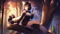 Girl, raccoon tail, raccoon ears, sit on tree, night time, forest